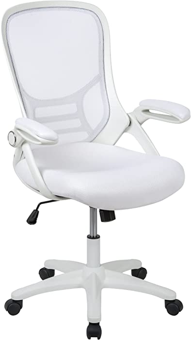 Flash Furniture High Back White Mesh Ergonomic Swivel Office Chair with White Frame and Flip-up Arms