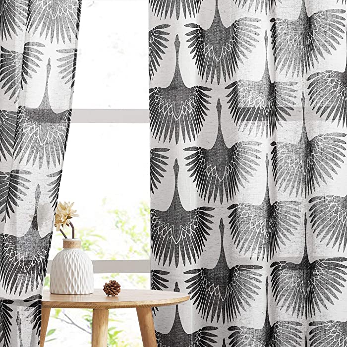 KGORGE Sheer Curtains Geometric Pattern - Natural Linen Curtains Soft Window Sets Washable Light Filter Airy Drapes for Bedroom Kids Room Farmhouse, Black, 50 x 63 inches Long, 2 Pcs