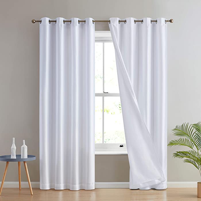 HLC.ME Jefferson Faux Silk Semi Sheer Light Filtering Microfiber Lined Grommet Lightweight Window Curtains Drapery for Bedroom, Dining Room & Living Room, 2 Panels (54 x 84 Inch, White)