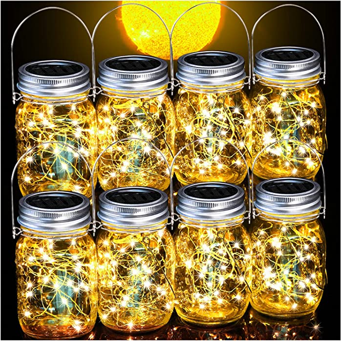 Cooo 8 Pack Outdoor Solar Lantern 30LED Mason Jar Lights Solar Powered,Waterproof Hanging Outdoor Patio Porch Garden Yard Backyard Balcony Lawn Pool Decor （Hangers & Handmade Jars included）-Warm White