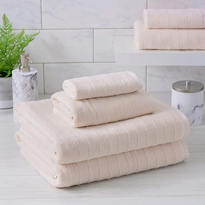 Welhome James | 2 Bath Towels 2 Hand Towels 2 Washcloths | Stripe Textured Blush Bathroom Towels | Soft & Absorbent Towels for Bathroom | Quick Dry Towels | 100% Cotton 6 Piece Towel Set