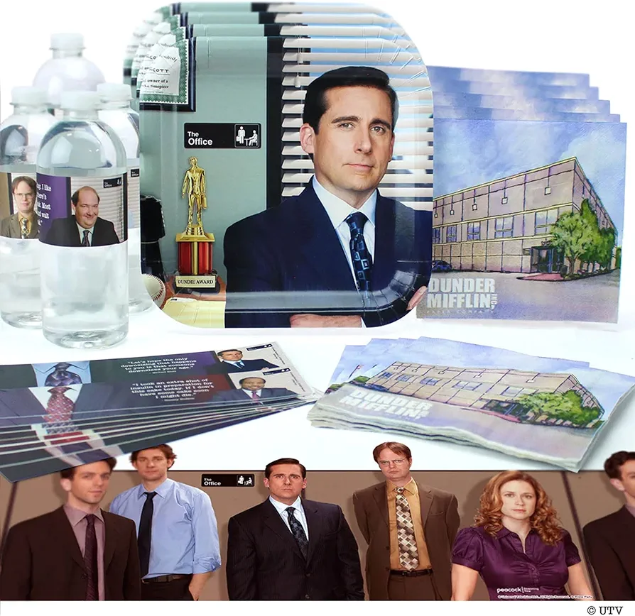 The Office (Basic Pack for 16) Party Kit: Dunder Mifflin Party Planning Committee Approved Party Pack: Paper Plates, Napkins, Table Cover, Dwight Schrute, Michael Scott, and More!