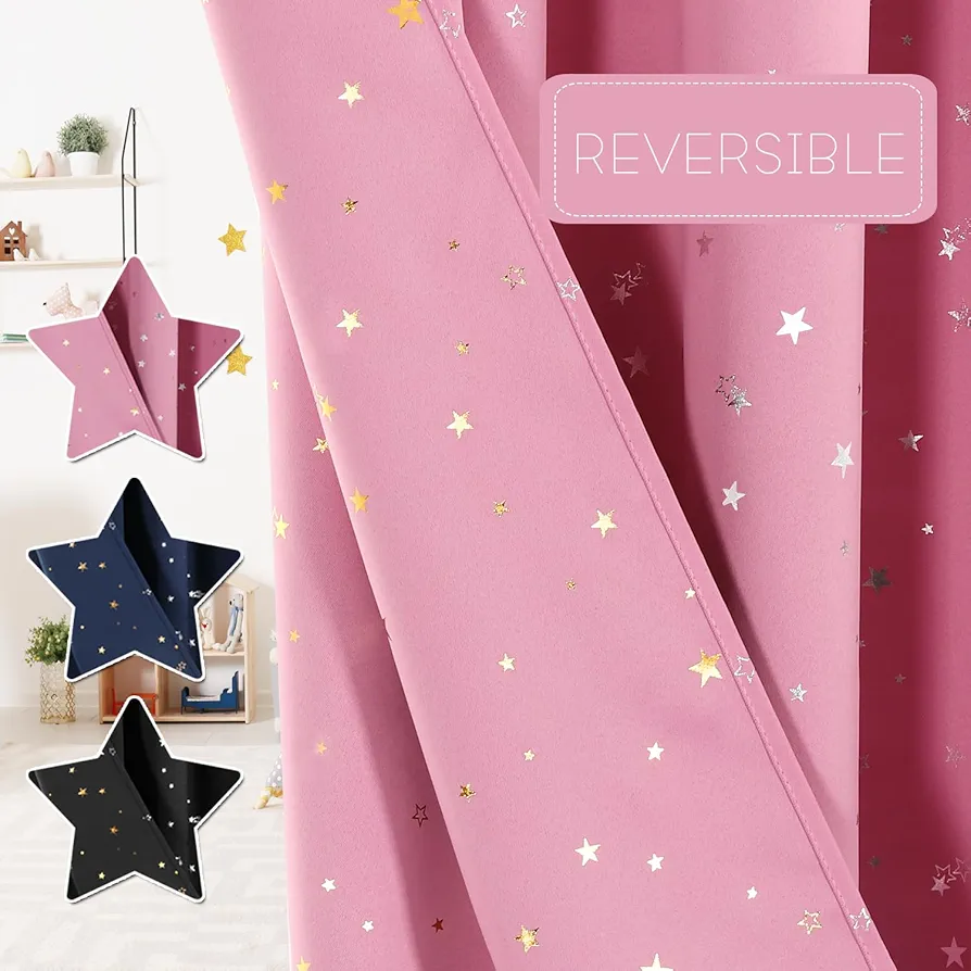 PrinceDeco Blackout Star Curtains for Kids Room Girls Reversible Use Twinkle Silver Stars Cute Drapes for Nursery Thick Soft Curtain Drapes Window Treatment 2 Panels(52 x 84 Inch, Pink)