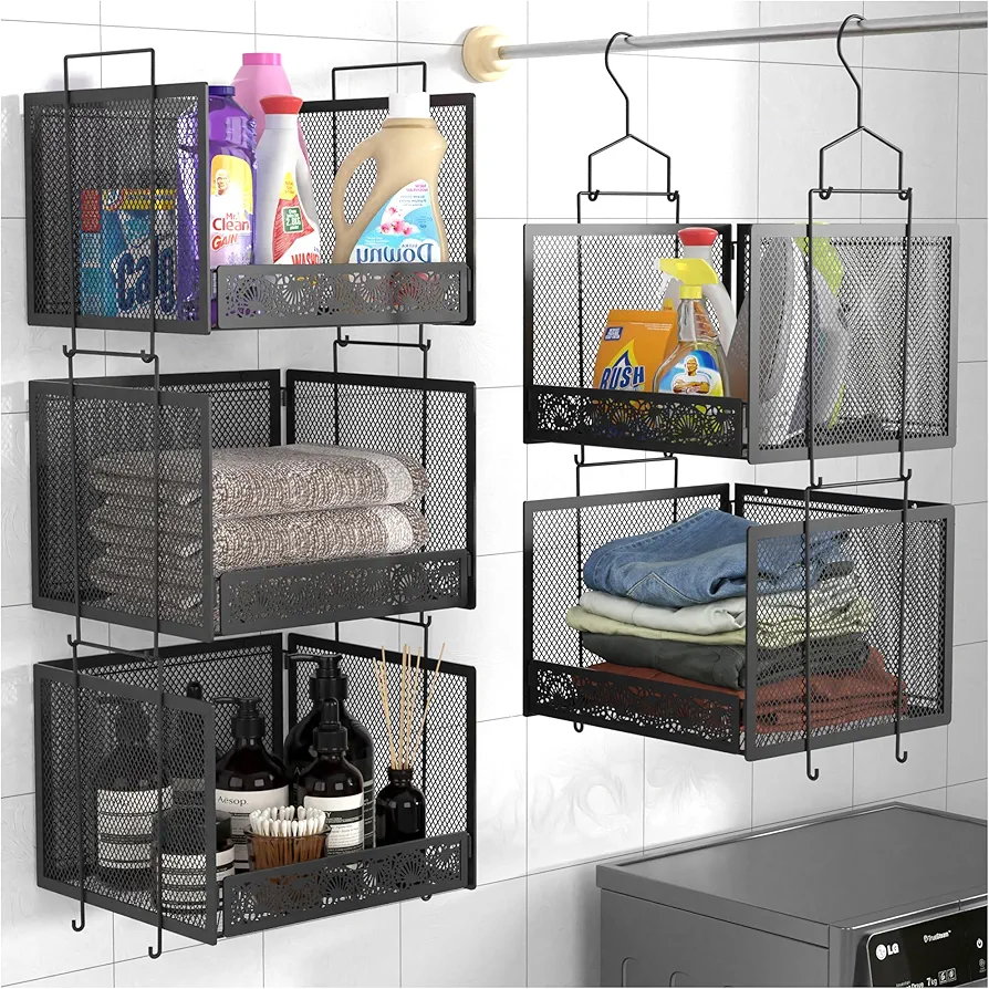 5 Pack Closet Hanging Metal Wire Basket for Wall Mount Organizer, Wire Storage Basket Bins with 4 Hook, Wall Mounted/Hanging,for Living/Bathroom/Laundry Room/Kitchen