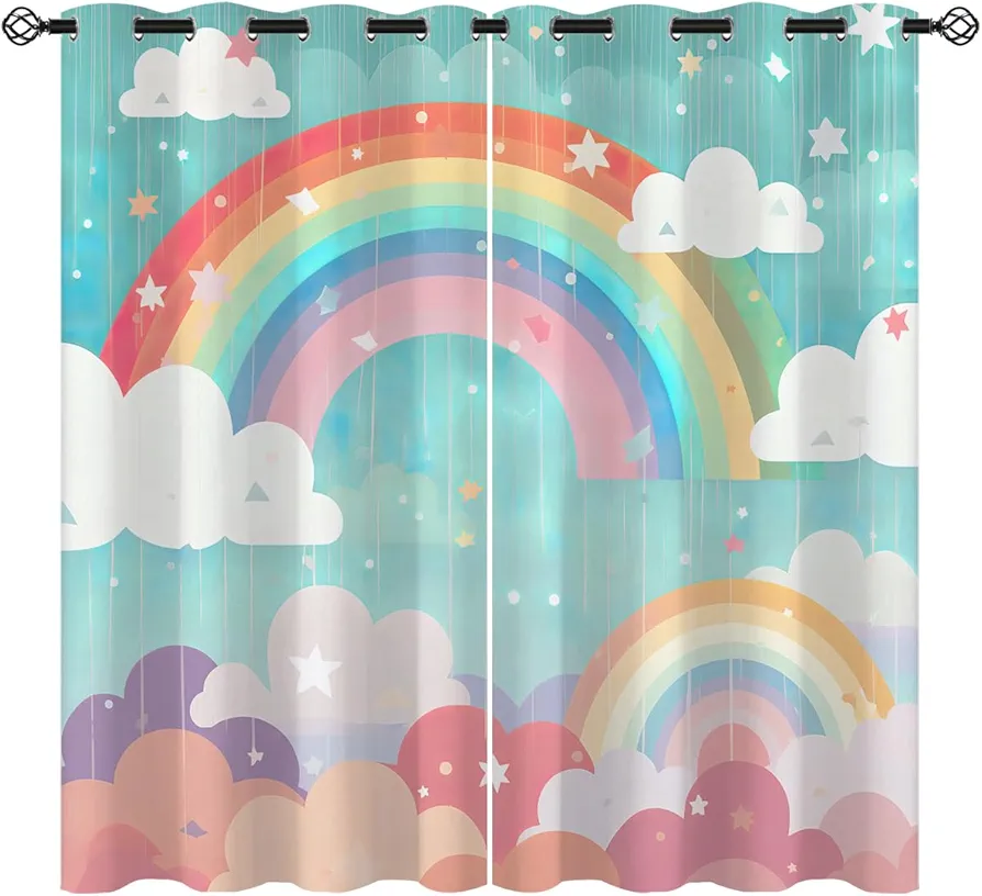 Cloud Blackout Curtains for Girls Boy Home Decor, Rainbow Cartoon Cute Pink Purple Blue Red Grommet Thermal Insulated Drapes Darkening Window Curtain for Bedroom Living Room, 72 x 63 Inch