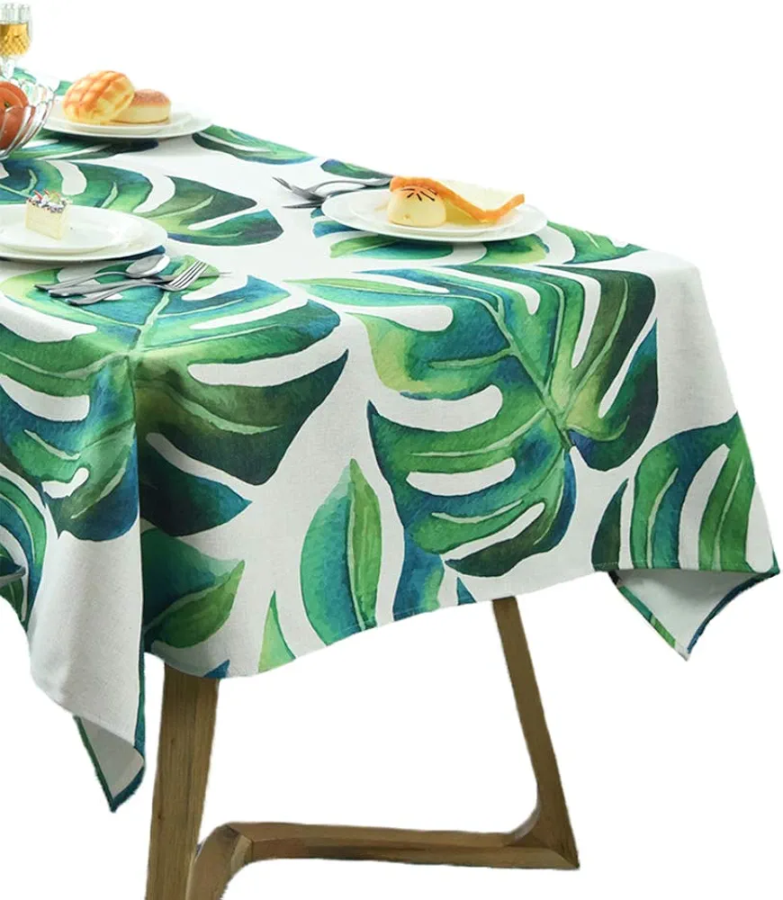 55''x55'' Square Green Tropical Palm Leaves Tablecloth Linen Cover, Exotic Hawaiian Tropical Themed Party Decor, Palm Leaf Printed Washable Table Cloth Kitchen Dining Room Coffee Bar Tabletop