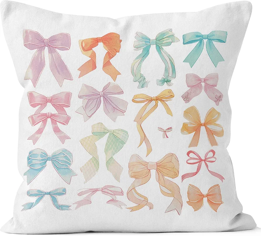 Coquette Bow Throw Pillow Covers 18x18, Coquette Room Decor, Colorful Bow Preppy Pillow Covers, Preppy Room Decor, Coquette Stuff, Girly Bedroom Decor, Bow Room Decor, Coquette Pillow Cases