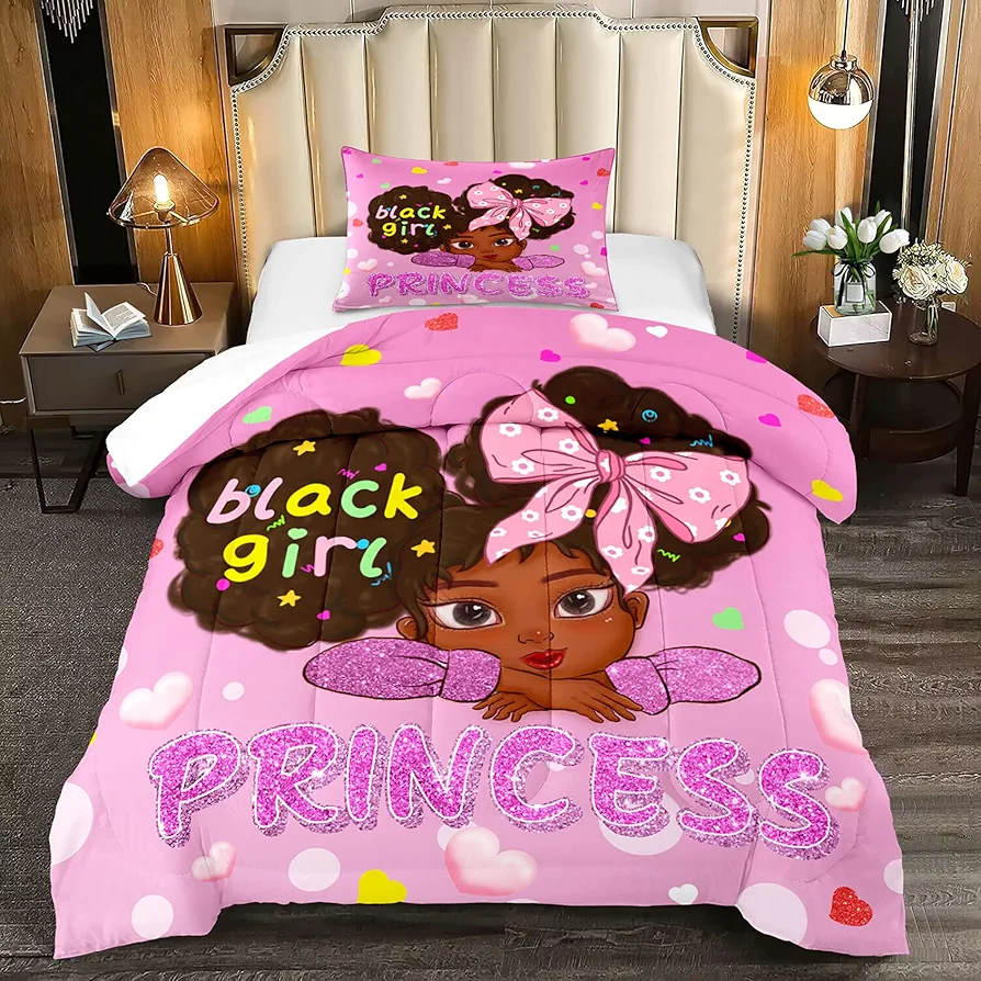 Black African American Girls Twin - Black Girls Comforter Set for Girls Bedroom Pink Princess Room Decor Kids Twin Bedding Sets for Girls, Twin (1 Comforter 1 Pillowcase)