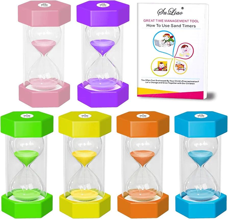 SuLiao Sand Timer Hourglass Sand Clock Timer Set with 1/3/5/10/20/30 Minutes Colorful Visual for Games Classroom Kids Office Kitchen Decor (Pack of 6)