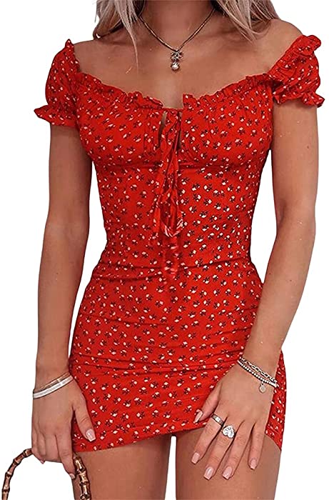 Ynocfri Women Floral Mini Dress Ruffle Short Sleeve Tie Front Bodycon Dress Sexy Wrap Pencil Dress for Party Club