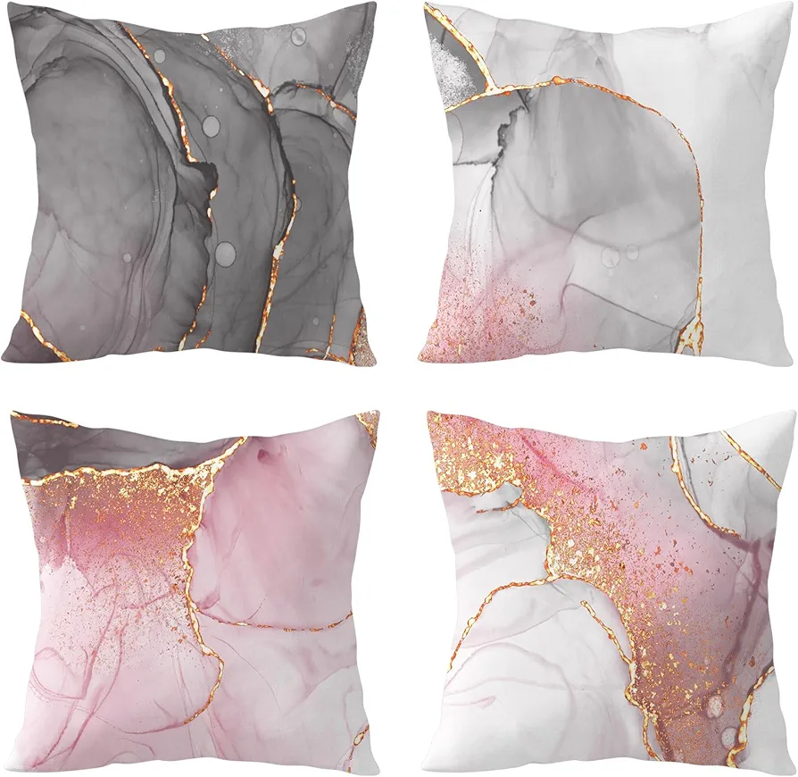 HVEST Pink Marble Pillow Covers 18x18 Set of 4, Gold Grey and White Abstract Marble Textured Throw Pillow Covers Modern Minimalist Decorative Pillow Covers for Couch Sofa Bed Pillowcase