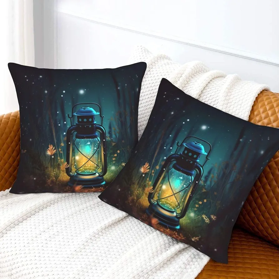 Pillow Covers Set of 2 Sided Plush Throw Pillow Fireflies and Lantern Square Cushion Case Pillowcase for Sofa Super Soft Pillow Case for Living Room Cushion Covers for Bed Car 18"x18"