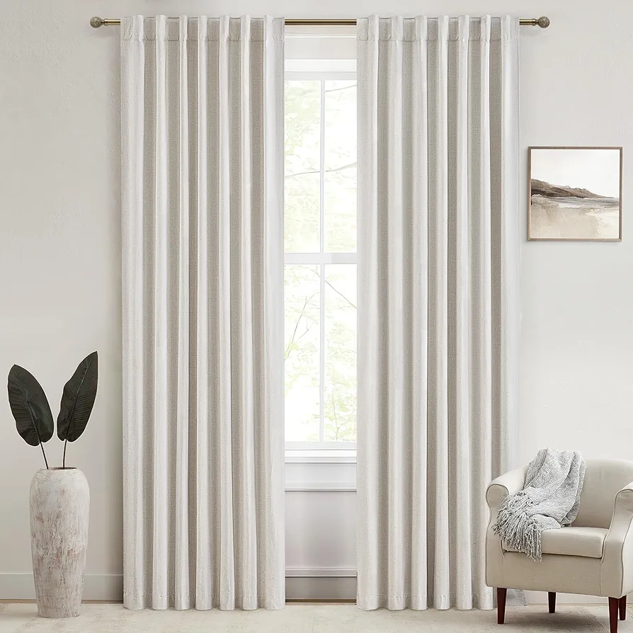 100% Blackout Curtains 90 Inches Long for Living Room 2 Panels Set, Room Darkening Energy Saving Curtains Window Coverings Elegant Cream Flax Linen Hook Belt Back Tab Pleated Drapes Aesthetic Bedroom