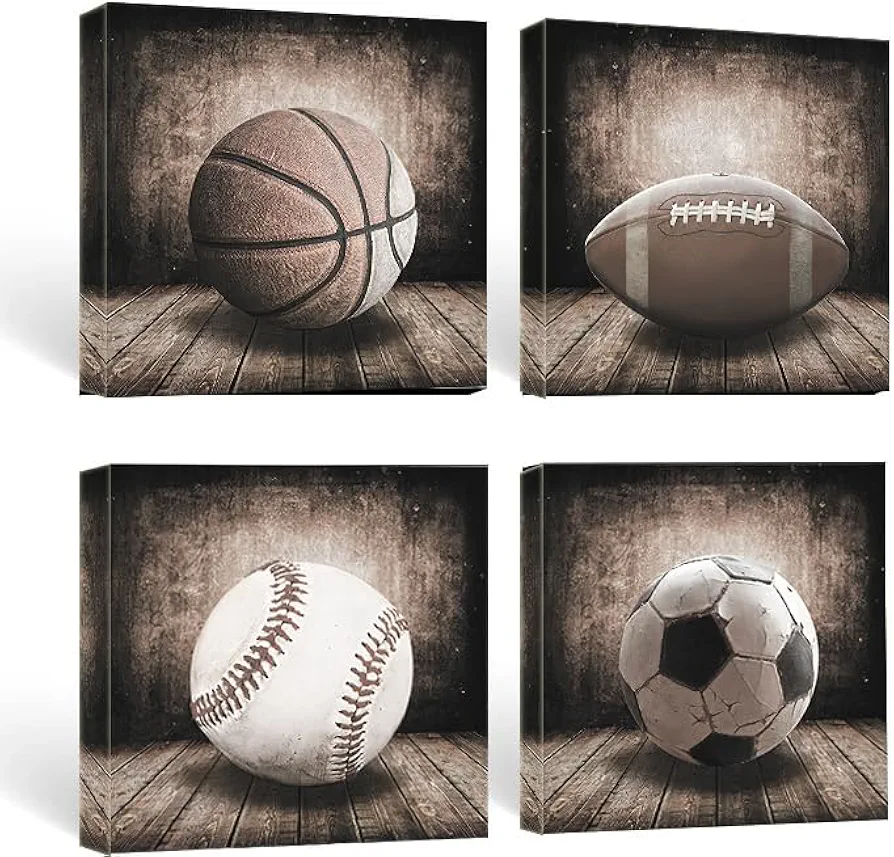 Rustic Sports Baseball Basketball Football Soccer Canvas Wall Art Picture Artwork Framed for Home Office Kids Boys Room Decor-12x12 x4pcs