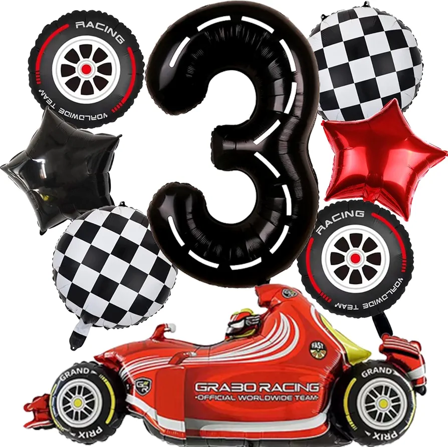 3-Year-Old Vintage Birthday Party Decorations with Inflatable Red Car Tyres Stars Checkered Number 3 Balloons for Kids Boys Girls 3rd Race Car Party Room Backdrop Decor, 8 Pcs/set