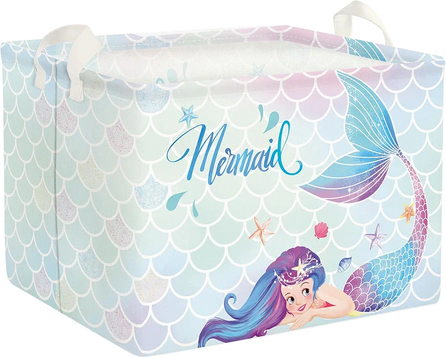 Clastyle Blue Mermaid Princess Baby Girl Nursery Basket 36L Large Rectangle Book Clothes Blanket Storage Basket Summer Star Shell Outdoor Storage Pool Toy Beach Towel Basket