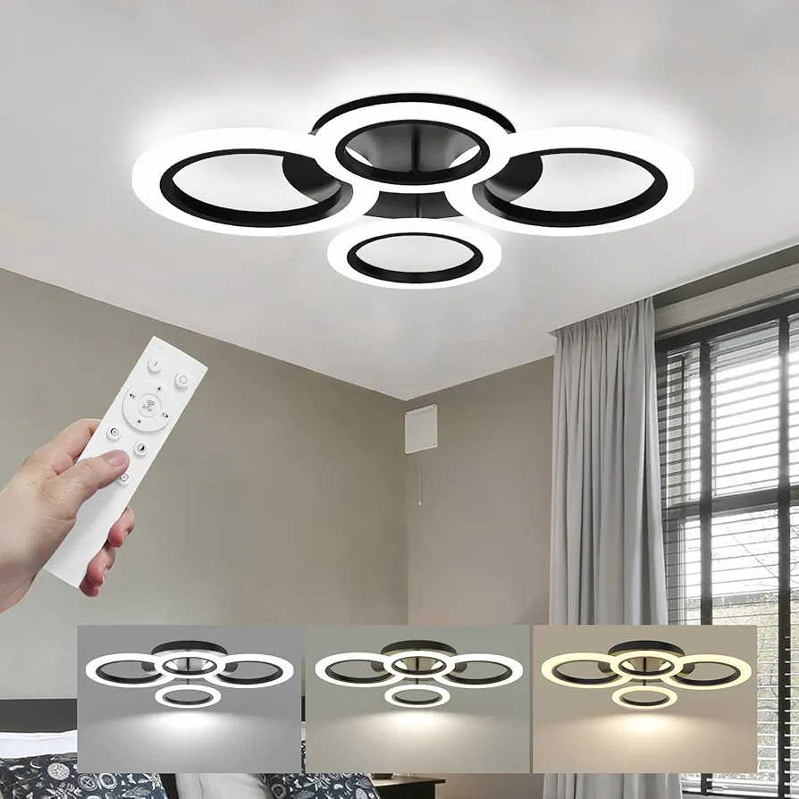 Modern Contemporary LED Ceiling Light Fixture with Remote Control, 22" Dimmable Semi Flush Mount Ceiling Light for Dining Room, Kitchen, Living Room, Bedroom, Office, Black