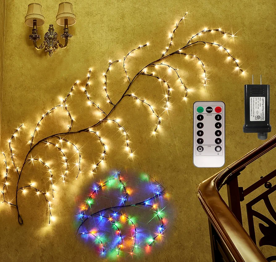 Fudios Lighted Garland with Timer 8FT 160 LED Warm White Multicolor 8 Functions Plug in,Lit Brown Willow Garland with Remote Control for Wall Decor Living Room Christmas Holiday