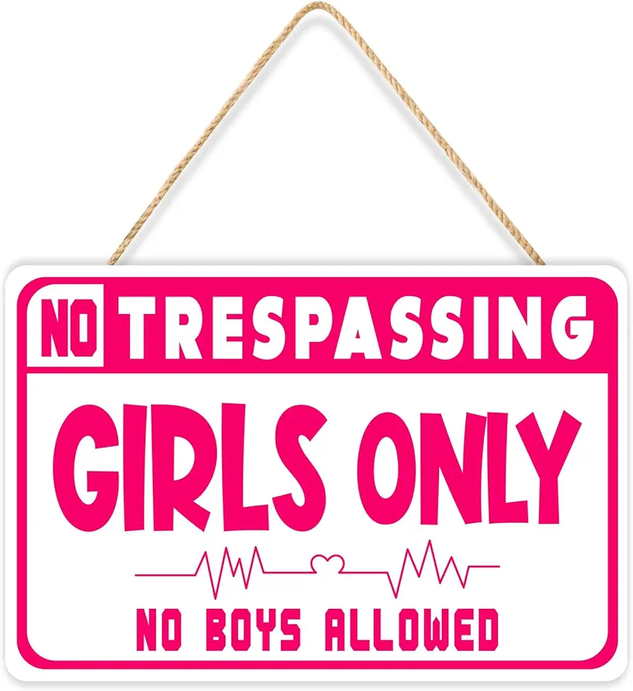 Girls Only Sign, Cute and Funny No Trespassing Girls Only Hanging Wooden Door Sign Wall Decor, Kids Room Signs for Door, No Boys Allowed Sign, Room Decor for Teen Girls (12"x8")