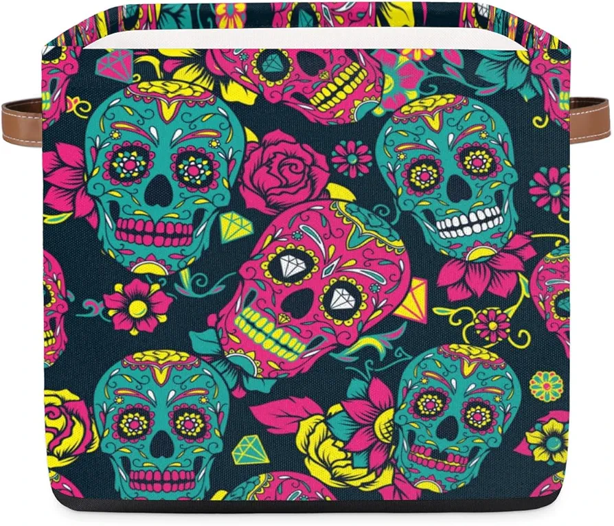 Color Sugar Skull Halloween Storage Basket Collapsible Fabric Storage Box 13x13x13 Inches Square Cube Storage Bins with Handles Bathroom Laundry Room Closet Storage Bins