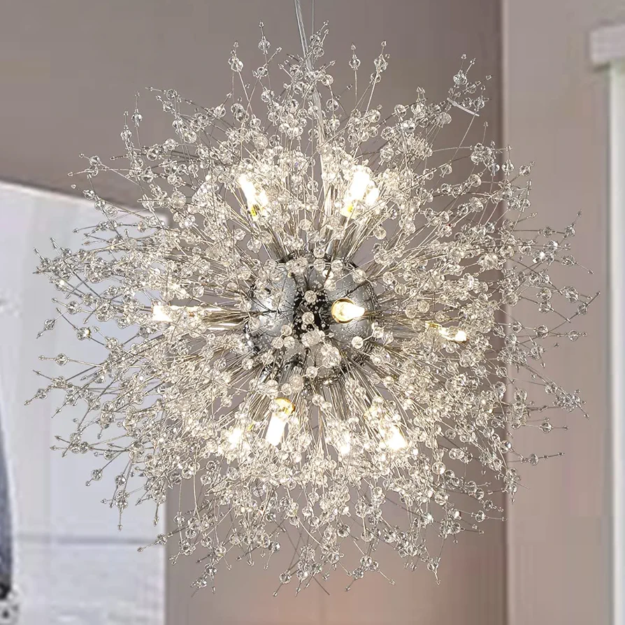 Modern Dandelion Chandeliers, Chrome Firework Hanging Lamp, Sputnik Crystal Pendant Light Fixtures for Kitchen Island Restaurant Dining Room Living Room (D25.59” 16Lights, Chrome Finish)