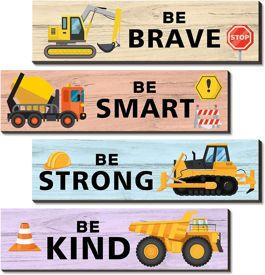 SHLINCO 4 Pieces Construction Trucks Decor Wooden Hanging Wall Plaques, Wall Art Inspirational Quotes, Construction Trucks Theme Room Wall Decor, Perfect for boy Kids Bedroom Playroom Decoration