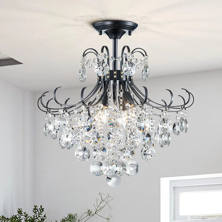 18'' Crystal Chandelier Light Fixture, Modern Semi Flush Ceiling Light for Dining Living Room Bedroom Kitchen Entryway Hallway, 4 Lights Black Ceiling Lamp