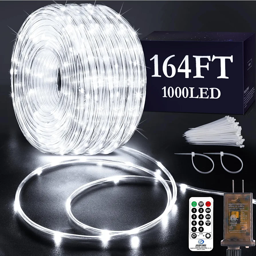 KNONEW 164ft 1000 LED Rope Lights Outdoor Indoor,String Lights Waterproof 8 Modes Clear Tube Lights for Outside,Bedroom,Wedding,Garden,Patio,Christmas,Tree,Holiday Decoration(Cool White)