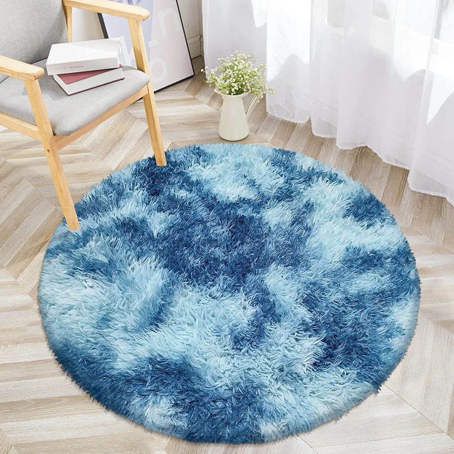 Tie-Dyed Blue Round Rug Boys Rugs for Bedroom Modern Area Circle Rugs for Living Comfortable Soft Home Decor Fluffy Playroom Rug Nursery Rug Blue Rugs for Bedroom Room Decor 3x3ft