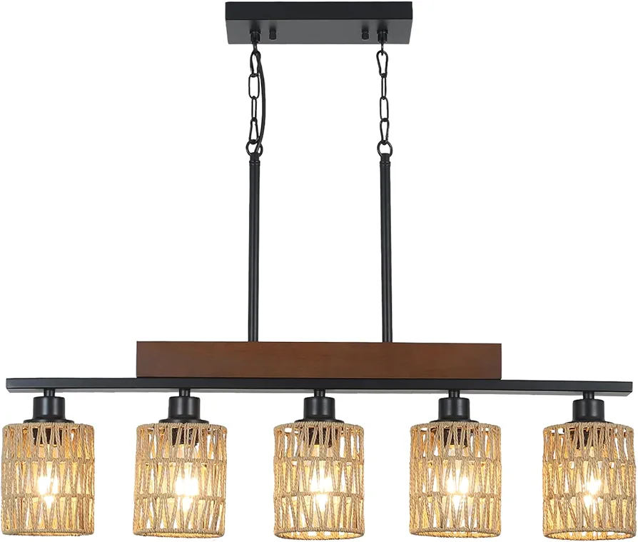 Rattan Farmhouse Chandeliers for Dining Room, Boho Kitchen Island Lighting, 5-Light Linear Chandelier Rectangle Pendant Lighting, Rustic Wood Chandeliers Black Hanging Light Fixtures for Living Room