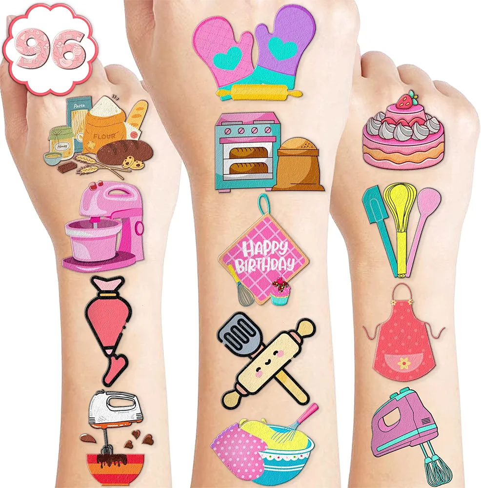 102 PCS Baking Little Bakers Temporary Tattoos Themed Birthday Party Decorations Favors Supplies Decor Cute Bakery Chef Tattoo Stickers Gifts For Game Boys Girls Classroom School Prizes Carnival