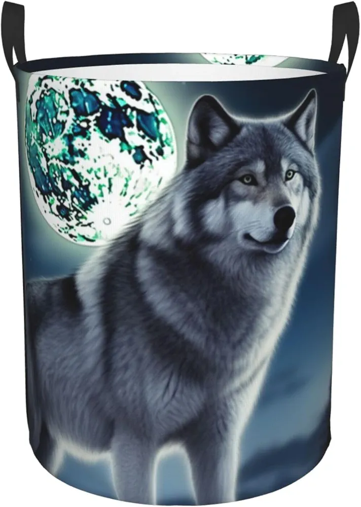 wolf under moon Print Laundry Basket Circular Laundry Hamper with Handles Waterproof Circular Hamper Dirty Clothes Basket Portable Storage Bin for Home Organizer Living Room Bathroom Car Small