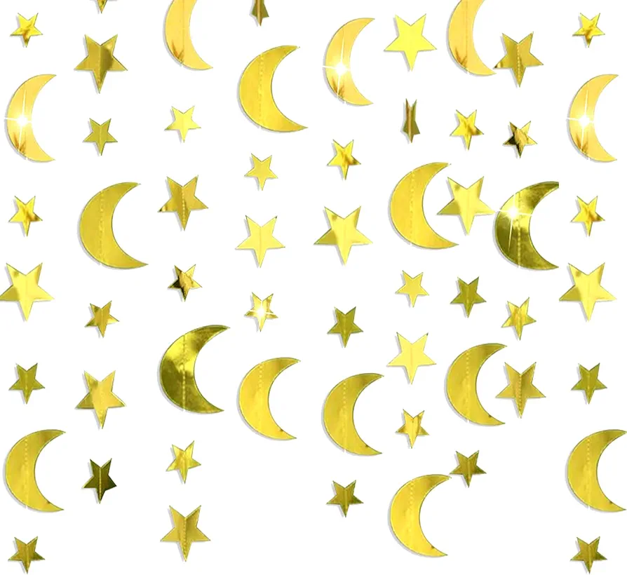 Gold Star Moon Garland Hanging Banner for Birthday Party Baby Shower Eid Mubarak Wedding Anniversary Backdrop Room Decor