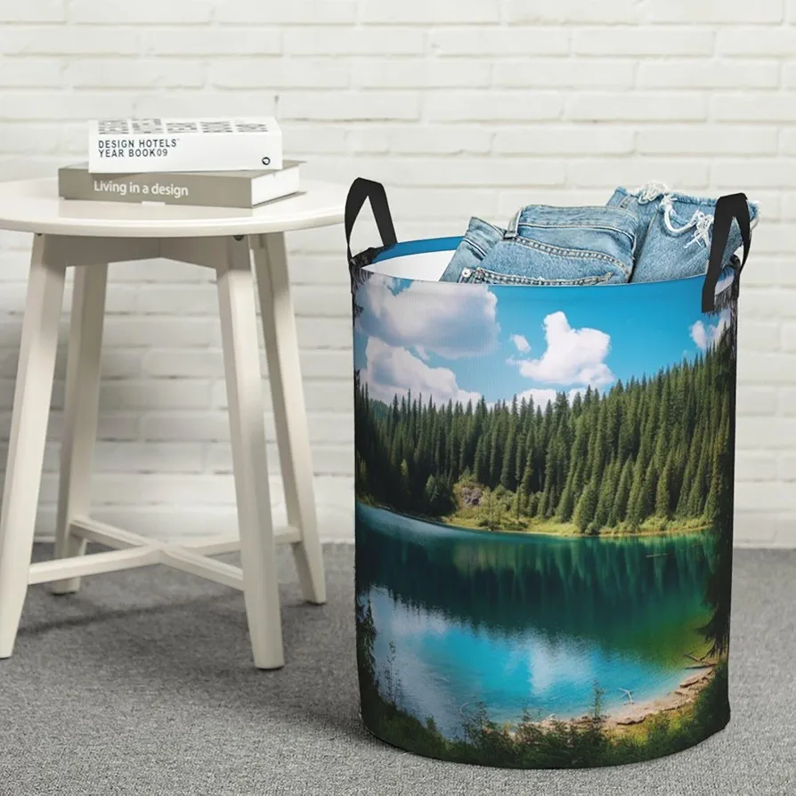 Laundry Basket Waterproof Laundry Hamper With Handles Dirty Clothes Organizer Blue Lake And tree Print Protable Foldable Storage Bin Bag For Living Room Bedroom Playroom, Medium, Black