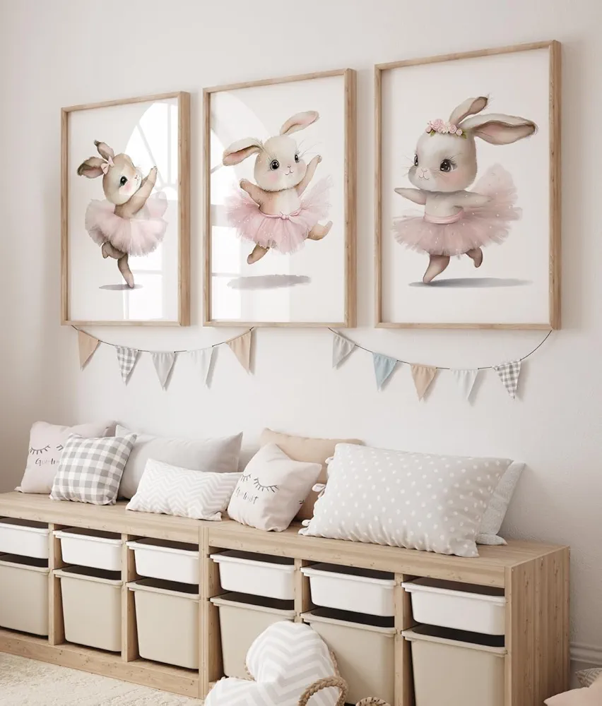 NATVVA 3 Pieces Ballerina Bunny Poster Painting Bunny Pink Dresses Canvas Pictures Artwork for Girls Room Bedroom Home Decor with Wooden Inner Frame