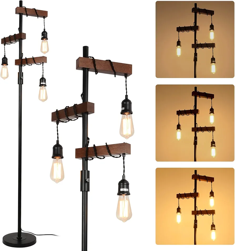 Dimmable Industrial Floor Lamp, Farmhouse Tree Floor Lamp, 68 Inch 3 Lights Wood Standing Lamp, Sturdy Base Tall Vintage Pole Light, Metal Black Floor Lamps for Living Room Bedroom Office Rustic Home