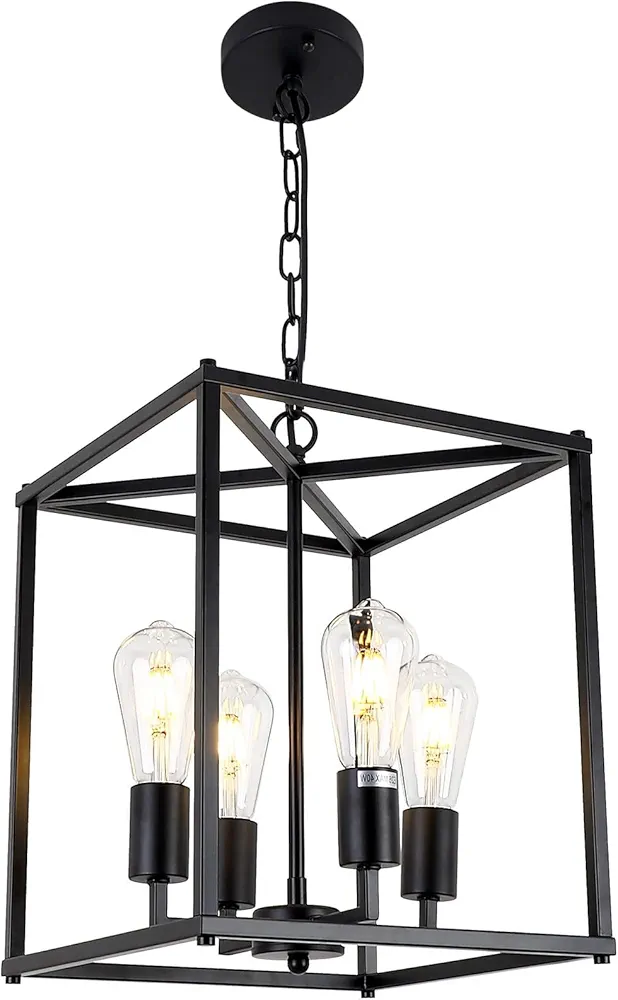 4-Light Black Farmhouse Chandelier Light Fixture Rustic Industrial Pendant Light Adjustable Metal Cage Hanging Lights for Kitchen Island, Foyer,Dining Room, Entryway, Hallway