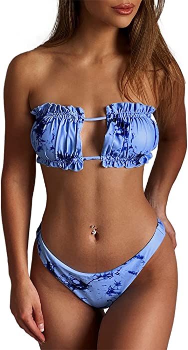 ZAFUL Women's Strapless Ribbed Tie Back Ruffle Cutout Bandeau Bikini Set Swimsuit