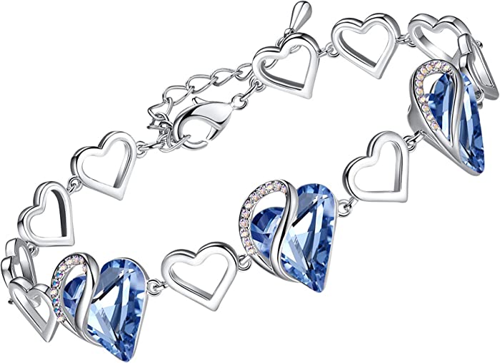 Leafael Infinity Love Heart Link Bracelets, Birthstone or Healing Stone Crystal Bracelet for Women, Silver Tone Jewelry Gifts for Her, 7-inch Chain and 2-inch Extender