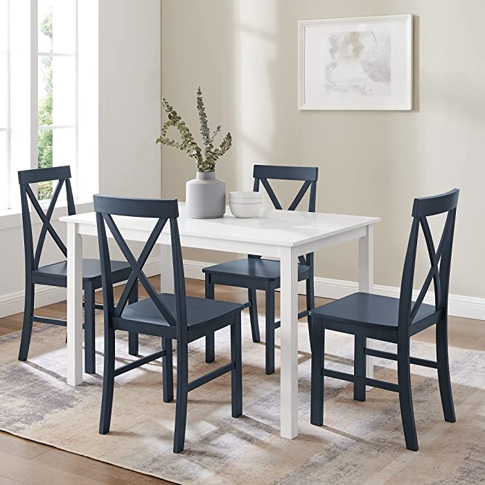 Walker Edison Bennet Bennett Farmhouse 5 Piece Table and X Back Chair Dining Set, Set of 5, Navy Blue