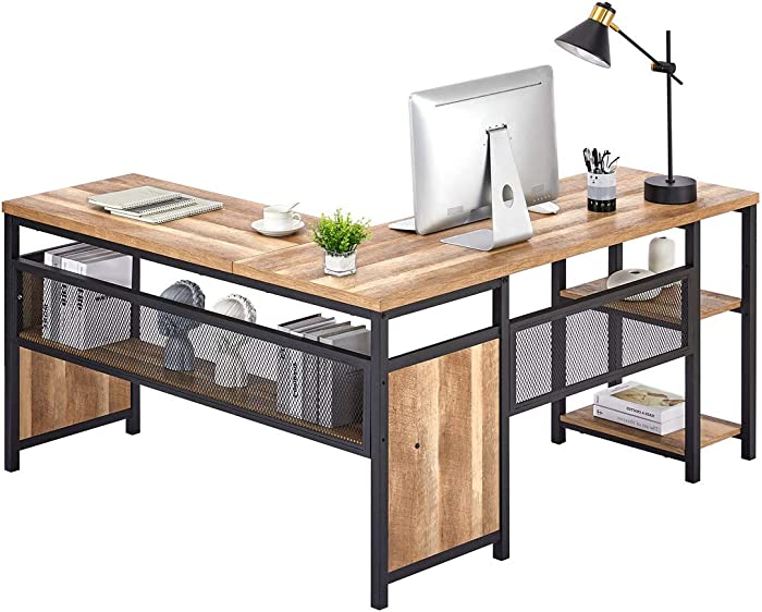 FATORRI L Shaped Computer Desk, Industrial Office Desk with Shelves, Rustic Wood and Metal Corner Desk for Home Office (Rustic Oak, 59 Inch)…