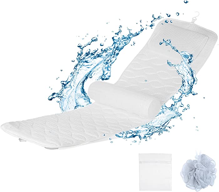 COSYLAND Full Body Bath Tub Pillow Bathtub Cushion, Spa Mat with Adjustable Lumbar Pillow 16 Suction Cups, 4D Mesh Washable Breathable Thick Soft, with Laundry Bag, Bath Sponge