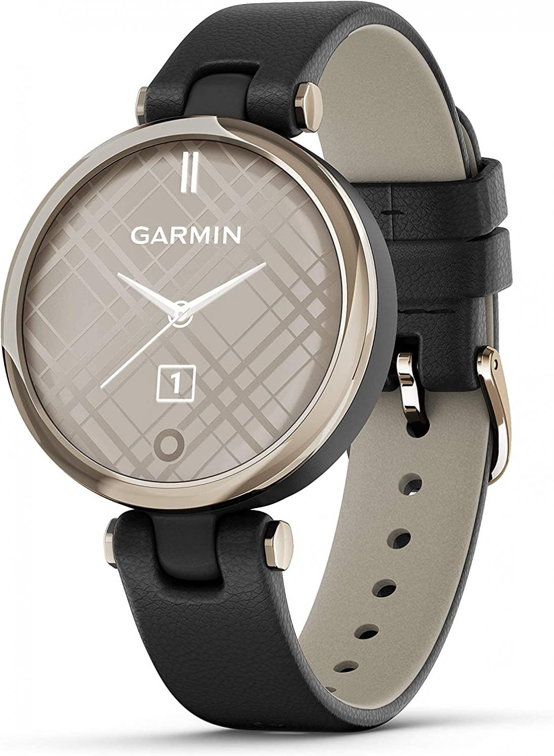 Garmin Lily, Small GPS Smartwatch with Touchscreen and Patterned Lens, Light Gold with Black Leather Band (Renewed)