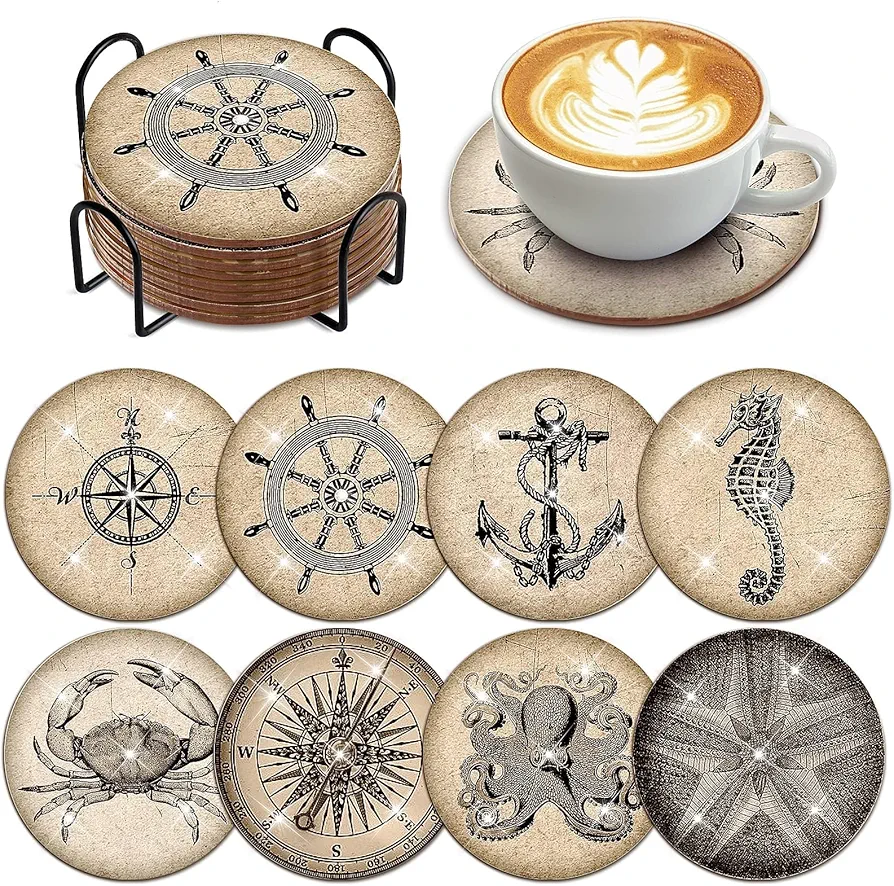 8 PCS Vintage Nautical Diamond Art Coasters Kits with Holder DIY Crab Starfish Compass Diamond Art Coaster Non Slip Coaster for Adults Diamond for Christmas Gift