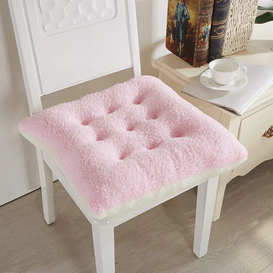 Comfort Seat Cushion Soft Chair Pads Warm Chair Cushion 16x16x4 inches Pink White Lambs Wool Fluffy for Adults and Kids for Kitchen Dining Living Room Office Chair Set of 1