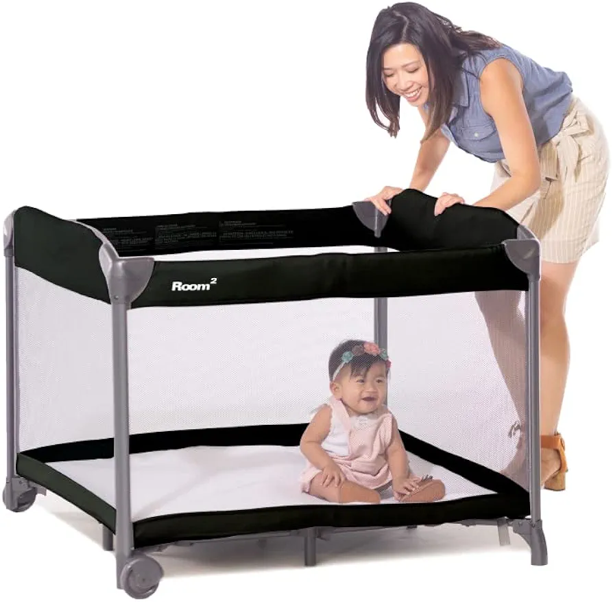 Joovy Room² Large Portable Playpen for Babies and Toddlers with Nearly 10 sq ft of Space, Large Mesh Windows for 360 View, and Waterproof Mattress Sheet - Folds Easily when Not in Use (Black)