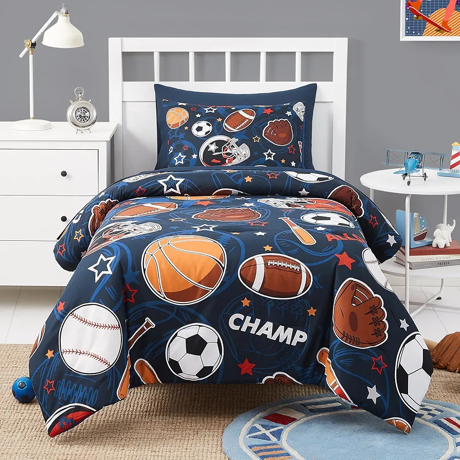 Sports Ball Games Twin Comforter Set with Sheets - 5 Pieces Kids Twin Bedding Sets for Boys, Glow in The Dark Baseball Basketball Football Soccer Twin Bed in a Bag for Kids, Teens