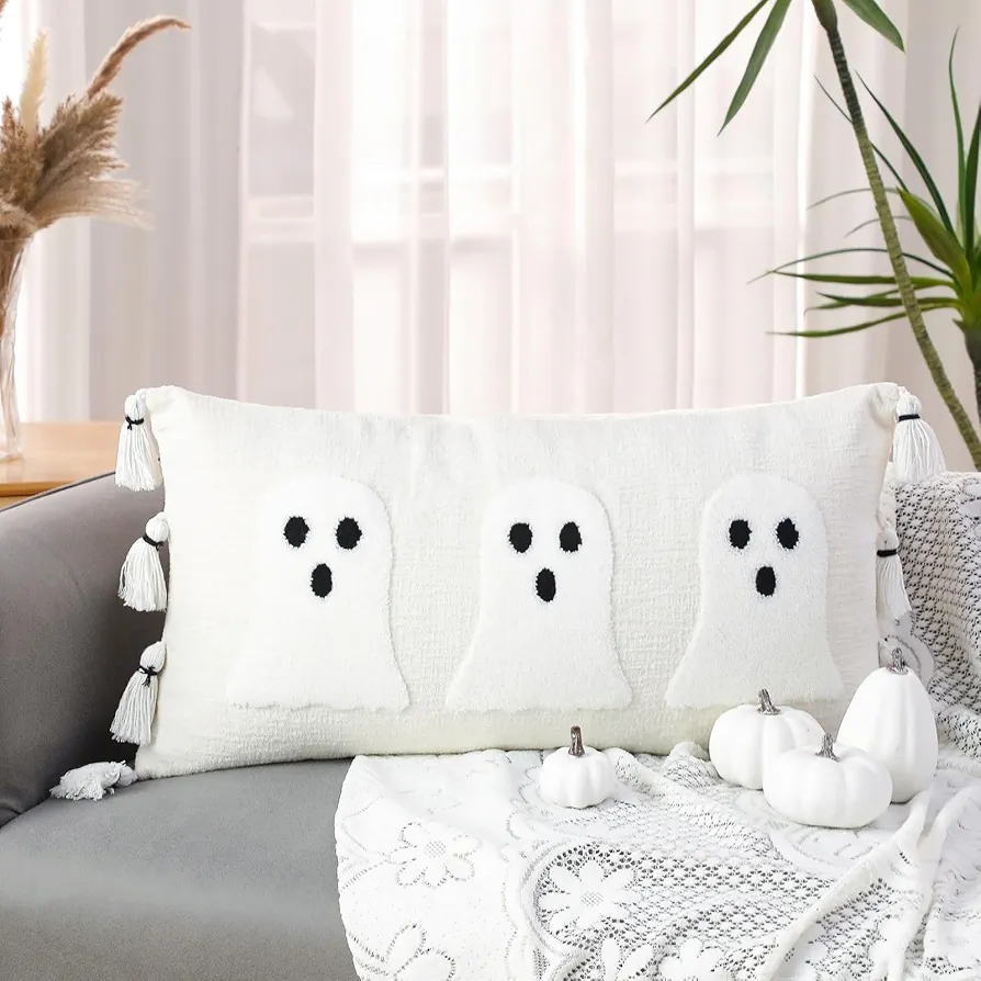 Halloween Ghost Throw Pillow with Tassels 14x26 Inch Ghost Spooky Halloween Throw Lumbar Pillows Decorative Pillows Halloween Room Decor for Holiday Party Sofa Bed Cushion (White)