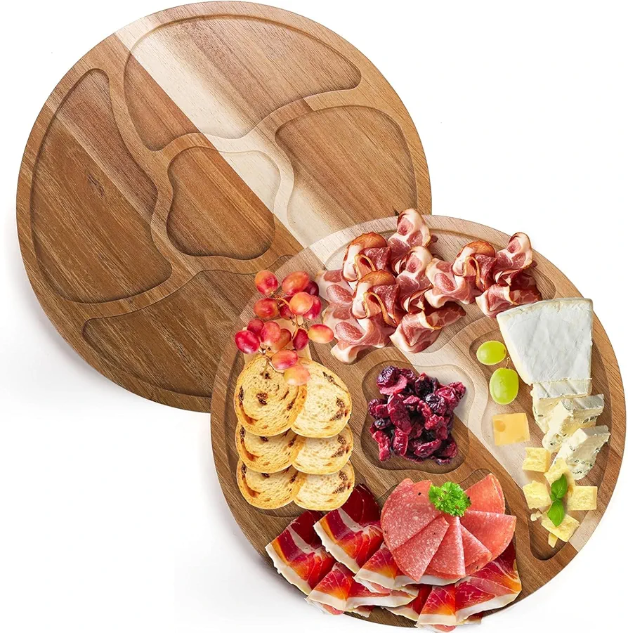 Suwimut Set of 2 Acacia Wood Charcuterie Cheese Board, 12 Inch Round Wooden Large Serving Trays for Meat, Cheese, Bread, Vegetables, Fruits - Decorative Wood Serving Platters for Kitchen, Dining Room