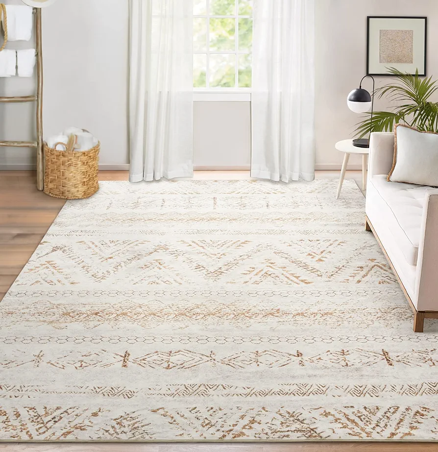 Area Rug Living Room Carpet: 5x7 Large Moroccan Soft Fluffy Geometric Washable Bedroom Rugs Dining Room Home Office Nursery Low Pile Decor Under Kitchen Table Light Brown/Ivory